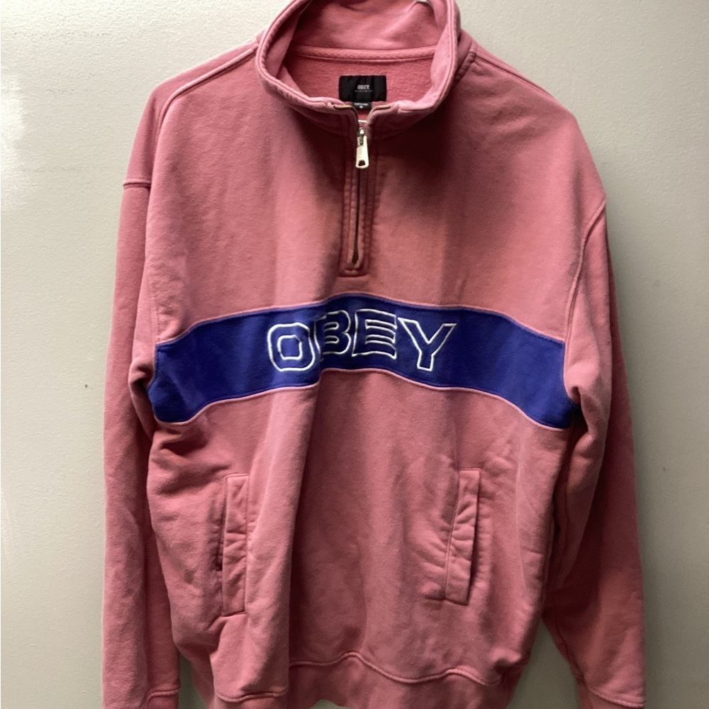 Obey Worldwide Men's Quarter Zip Up Sweater in Pink and Blue